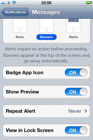 iPhone messages notifications settings screen